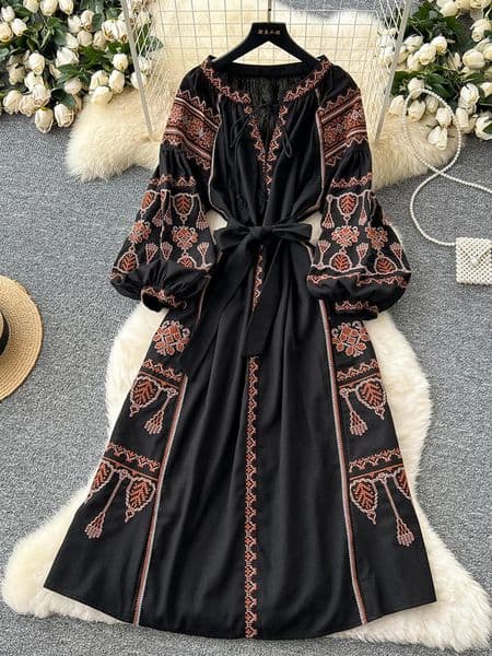 Bohemian Retro Ethnic Style Dress Womens Spring Autumn Embroidered Lace Up Lantern Sleeves Waist Cinching Long Dress A155 260529