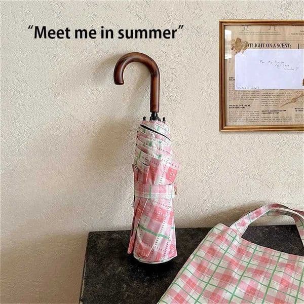 INS Retro Curved Handle Sun Umbrella UV Protection Sunscreen Umbrella for Women 2-Fold Rain Sun UmbrellaJ260530
