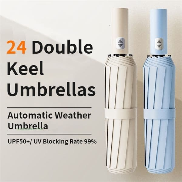 24 Bone Windproof antiUV Fully Automatic Large Umbrella 3 Folding Ribs Double Travel Rain Men Women Umbrellas UPF Gift 260529