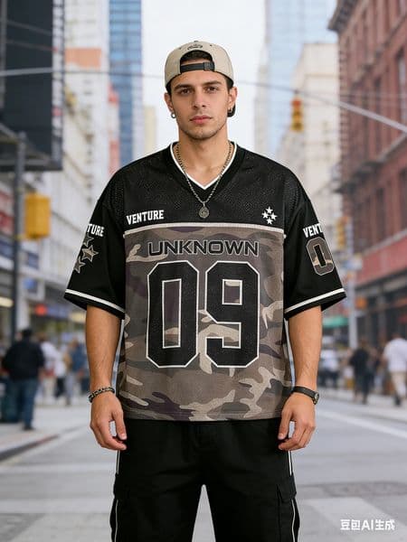 Mens V-Neck Letter Number Print Casual Versatile Short Sleeve T-Shirt Oversized Camo Mesh 260526