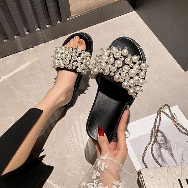 Pearl Rivets Thick Bottom Women Slippers Crystal Beading Flip Flops Lace Band Platform Sandalias Mujer Pearl Slides Big Size 43 260528