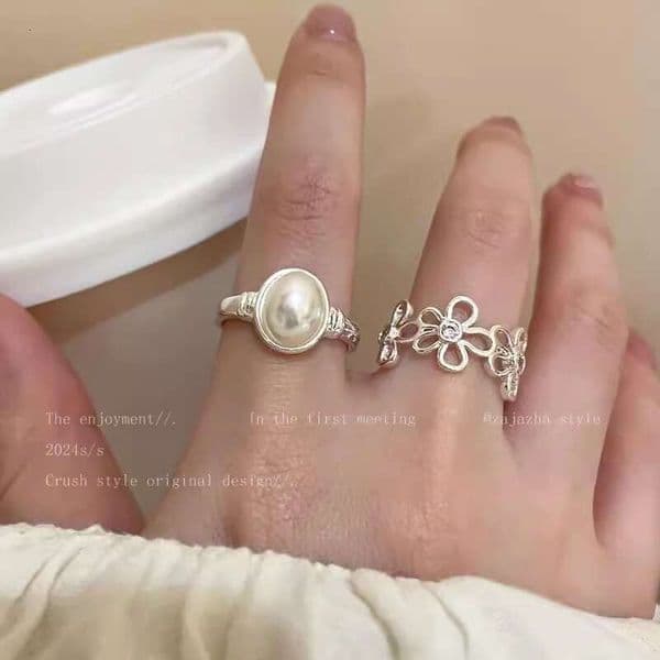 Designer Jewelry Luxury Jewelry Zircon Pearl Flower Open For Women, Minimalist Style, Versatile, Niche, High-End Feel, Index Finger Ring, New Elegant Ring