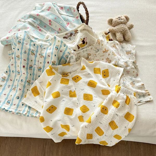 Pajamas Summer Childrens Clothing Korean Style Boys and Girls Short Sleeve Print Two Pieces Set Casual 260529