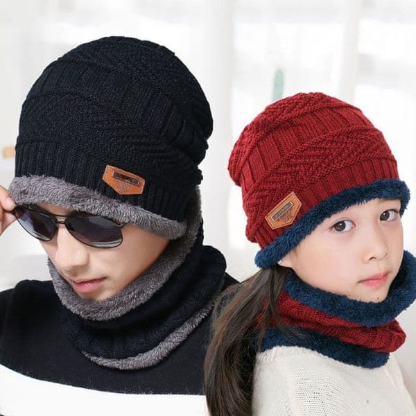 Knitted Beanies Scarf Set Winter Warm Hats Breathable Parent-child Family Soft Knit Skull Cap Mask Earflaps Unisex Outdoor Kids Bib Fur Plush Hat HY0172