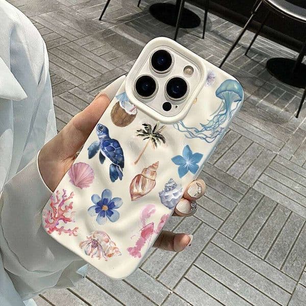 Luxury Ocean Seashell Collage Phone Case For iPhone 16 15 13 12 11 Pro Max 14 Plus 17 Air Wrinkle Wave Soft Silicone Cover