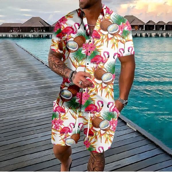 Hawaiian Flamingo Coconut Tree 3d Print Short Sleeve ShirtShorts 2Pcs Set Casual Beachwear Vacation 2 Piece Suits Men Clothing 260529