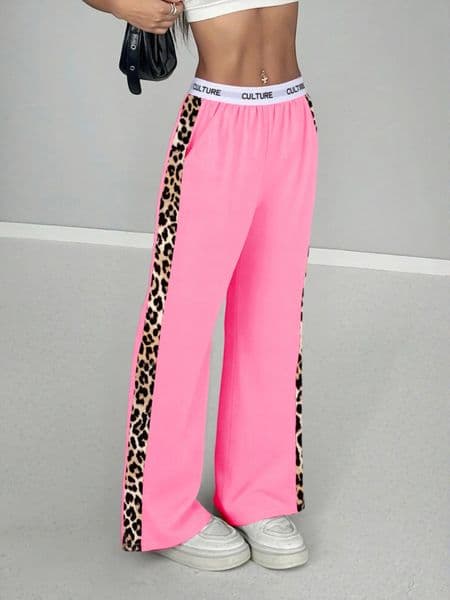 2026 Women Leopard Print Side Stripe Wide Leg Pants Casual High Waist Letter Waistband Loose Trousers Streetwear 260530