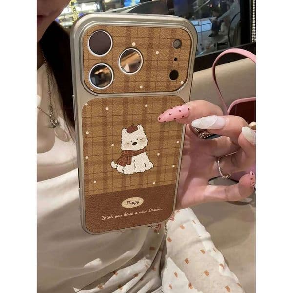 Retro Plaid Polka Dot Puppy Imitate Phone Case For iPhone 13 14 15 16 Pro Max 17 Plating Bumper Shockproof Leather Cover