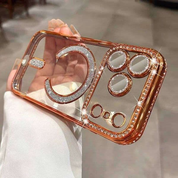 Plating Glitter Diamond Rhinestone Magnetic Wireless Charging Case For iPhone 17 Pro Max Air 16 15 14 13 12 Soft Silicone Cover
