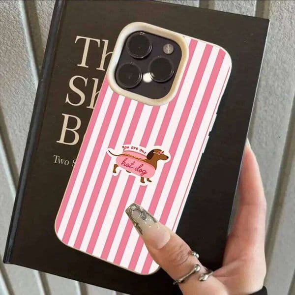 Pink Striped Hot Dog Dachshund Lychee Texture Silicone Phone Case For iPhone 11 12 13 15 16 Pro Max 14 Plus 17 Air Cover