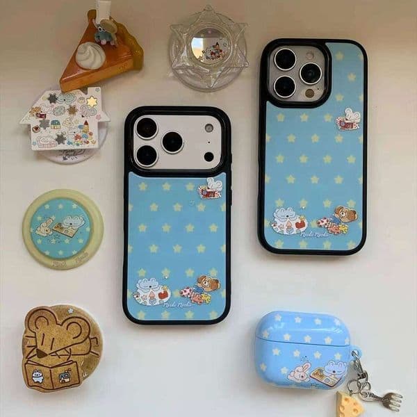 Korean Ins Yellow Stars Puppy Mouse Blue Drip Resin Phone Case For Samsung Galaxy S23 S24 S25 S26 Ultra FE Plus Edge Sweet Cover