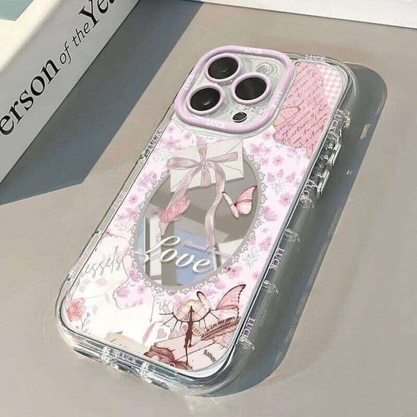 Pink Cute Letter Butterfly Mirror Phone Case For iPhone 17 Air 16 14 12 11 Pro X XS XR 7 8 Plus 16E 13 15 Y2K Matte Cover