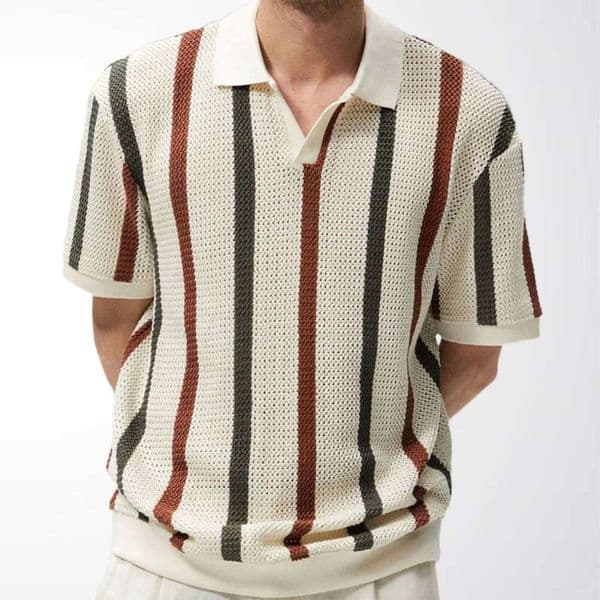 Luxury Striped POLO Shirt, European And American Style, Loose Fit, Hollowed Out, Breathable Pullover Knitwear, Amazon Men's Clothing Sy0213