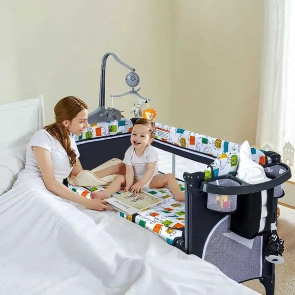 5 in 1 Baby Bassinet Bedside Bassinet for Baby Pack and Play with Changing Table Portable Crib with Mattress Music Box Carr C260530