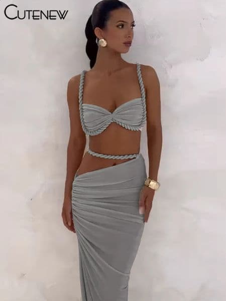 Cute Woven Matching Women 2 Piece Sexy Vacation Outfits Pleated Crop CamisShirring High Waist Maxi Skirts Solid Mujer Sets 260529