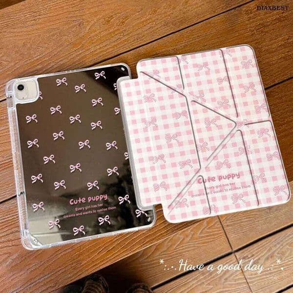 Pink Bow Mirror New Tablet For iPad Pro 11 12.9in 13 M4 9.7 10.2 5/6th 7/8/9 10th 11th MINI 4 Air 5 6 7 Trifold Case