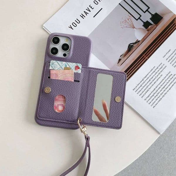 Luxury Lanyard Fold Card Holder PU Leather Case For iPhone 15 14 13 12 11 Pro Max Lichee Pattern Small Mirror Zipper Cover