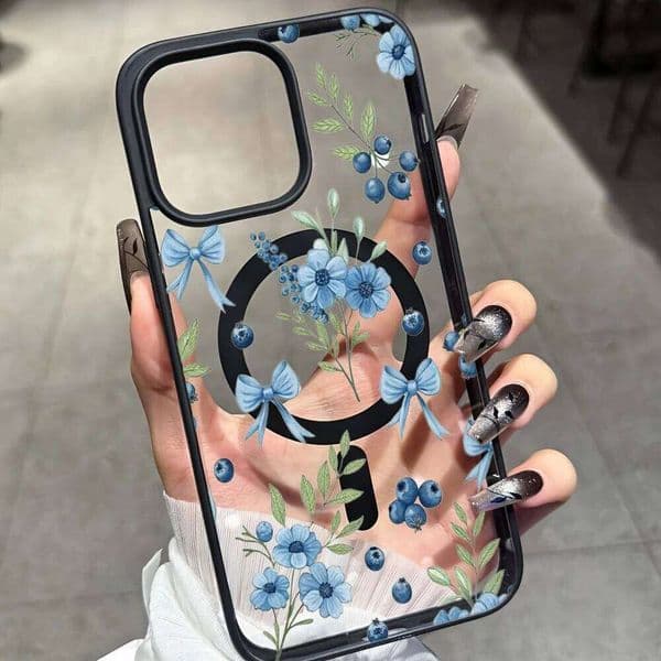 Blueberry Floral Clear Case iPhone 17 14 12 Pro Max 13 16 15 Plus 11 Cases For Magsafe Wireless Charing Shockproof Fundas