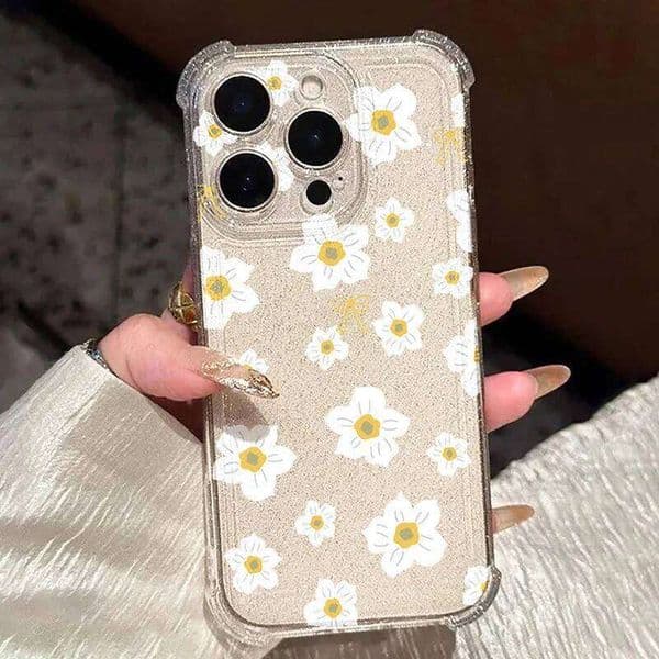 Flower Phone Case For iPhone 12 15 13 16 11 14 17 Pro Max Air Cute Bowknot Luxury Shiny Glitter Transparent Soft Bumper Cover