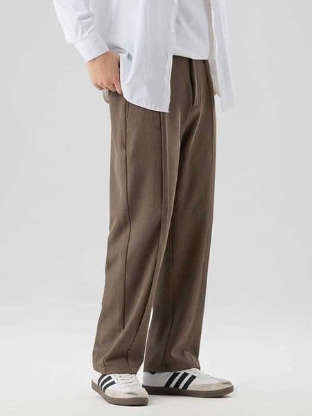 2026 New Korean Mens Casual Pants Banded Waist Stretch Semi-Wide Pleated Suit Slacks Straight Loose Draped Trousers C260530