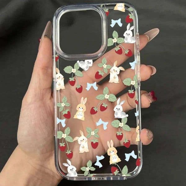 Ins Cute Cartoon Phone Case For 11 Funda iPhone 15 13 16 12 14 Pro Max Soft TPU Transparent Rabbit Strawberry Back Cover