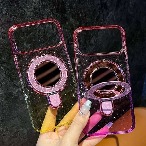 Niche INS Glitter Bling Gradient Clear Case For IPhone 17 Pro Max Air 16 15 14 13 12 Plus Mirror Bracket Shockproof Buffer Cover