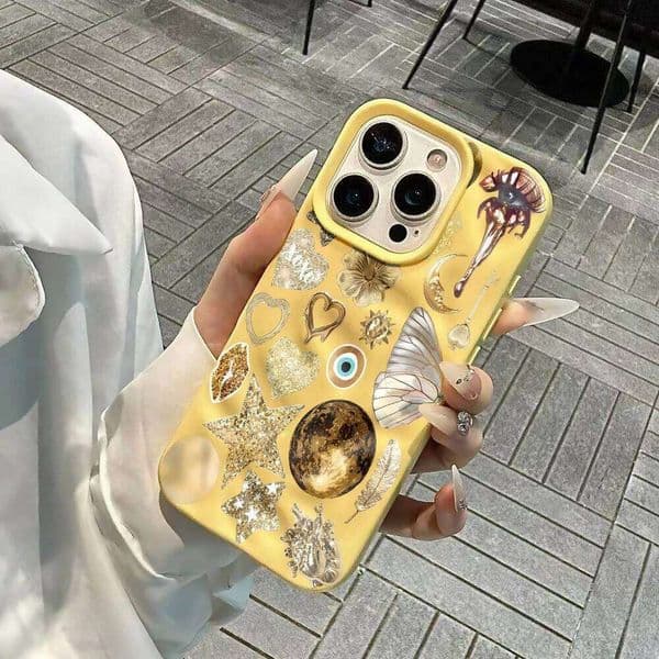 Luxury Golden Star Collage Phone Case For iPhone 16 15 13 12 11 Pro Max 14 Plus 17 Air Wrinkle Wave Soft Silicone Cover