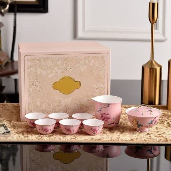 Pink glaze bird language flower fragrance series bone china dish set high value gift household bowl dish combination tableware
