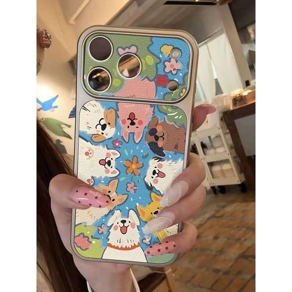 Cartoon Colorful Puppy Imitate Phone Case For iPhone 13 14 15 16 17 Pro Max 17Pro Plating Bumper Shockproof Leather INS Cover