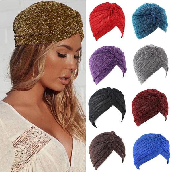 Women Shine Silver Gold Knot Twist Turban Headbands Cap Autumn Winter Warm Headwear Casual Streetwear Female Muslim Indian Hats 260529