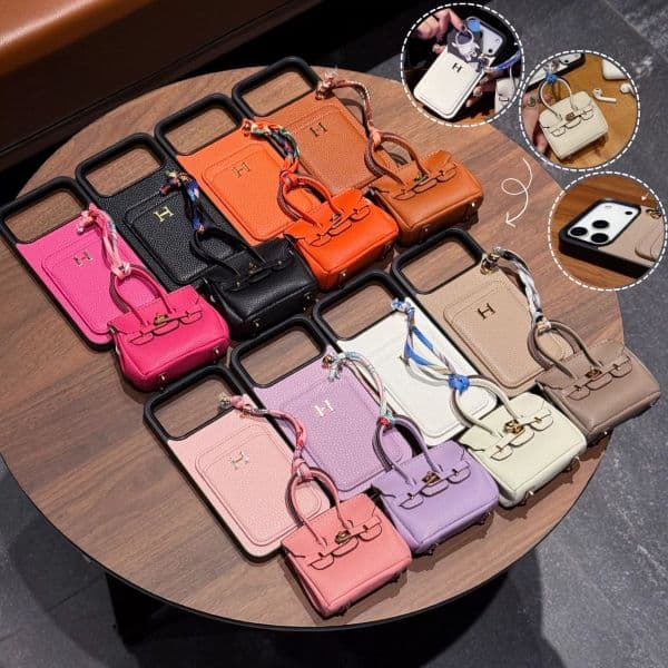 Luxury Leather Card Holder Phone Case for iPhone 17 16 15 Pro Max 14 13 12 with Mini Bag Pendant Scarf Litchi Grain Shockproof Cover Birthday and festival gifts