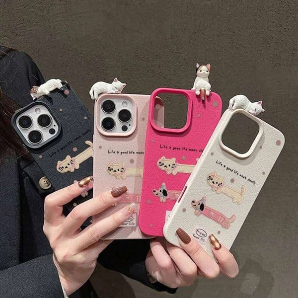 Korean Cute 3D Lying Cat Cartoon Dog Phone Case For iPhone 13 11 16 15 12 14 Pro Max 17 Air Lichee Pattern Silicone Cover