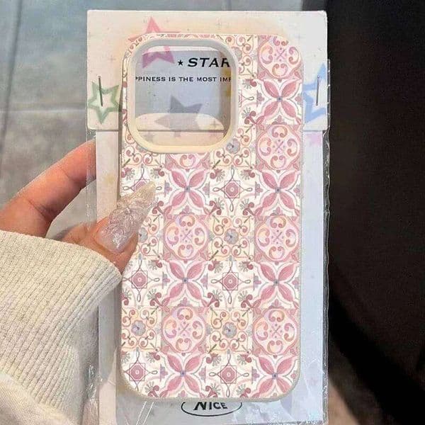 Pink Geometric Floral Pattern Phone Case for iPhone 17 16 15 14 13 12 11 Pro Max Vintage Boho Design Soft TPU Shockproof Cover