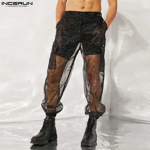 Men Mesh SLeep Bottoms 2024 Lace Transparent DrAWstring Sexy Homewear Pockets Breathable Trousers Male SLeep Pants S-5XL C260530