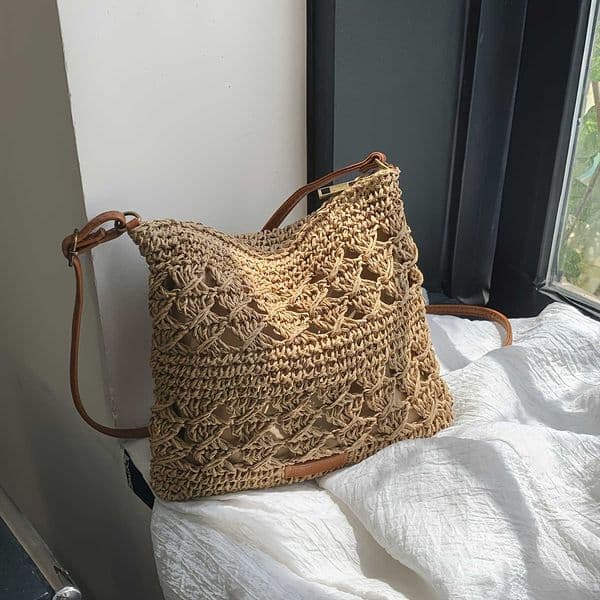 Handmade Paper Straw Crossbody Chic Bag Solid Color Zipper Closure Shoulder Messenger Bags for Women Summer Beach Urban Outings H260701