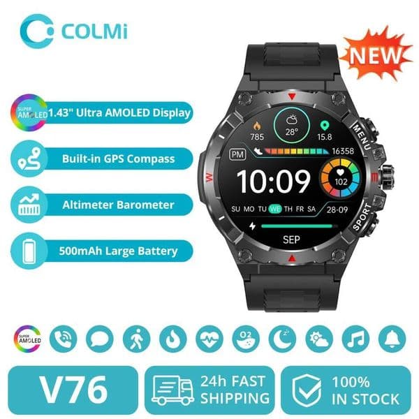 2025 COLMI V76 GPS Smartwatch 1.43" Ultra AMOLED Display Built-in Compass Altimeter BT Call Smart Watch 500mAh Battery 26Y0703