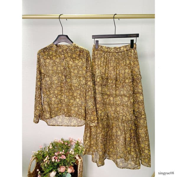 Bohemian style 2026 new vintage floral print shirt for women + ruffled A-line skirt set