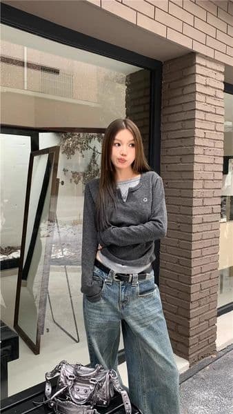 Womens Tshirt two piece long sleeved for autumn and winter slim fit slimming bottom top retro 260331BANJIA