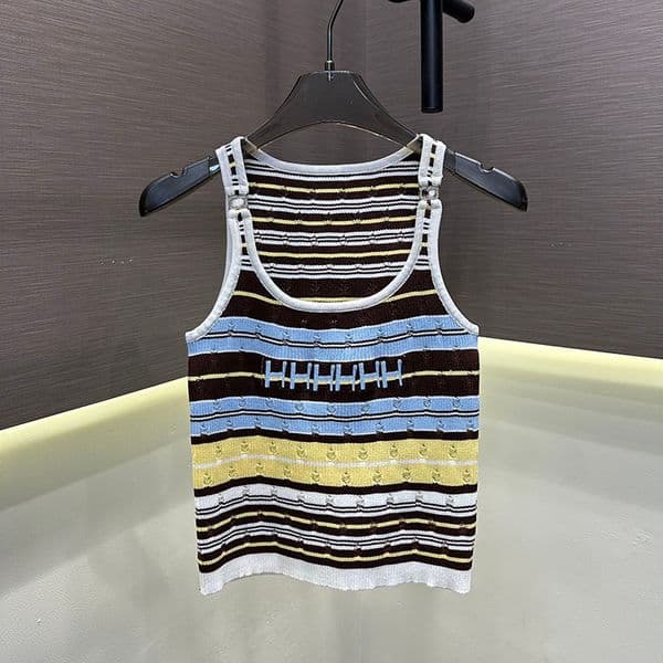 Women Designer Sexy Singlets Letter Striped Hollow Out Fitted Sleeveless Vests Summer Breathable Holiday Cropped Top
