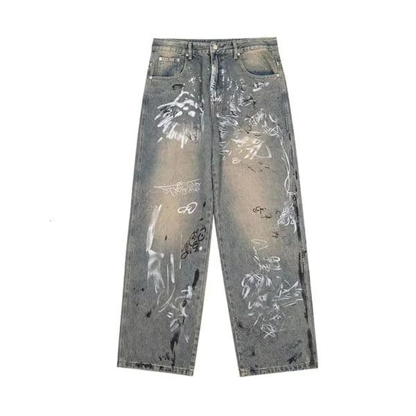Mens Y2K Graffiti Printed Baggy Jeans Vintage Distressed Blue Harajuku Denim Pants High Street Straightleg Jean Trousers 260331BJ