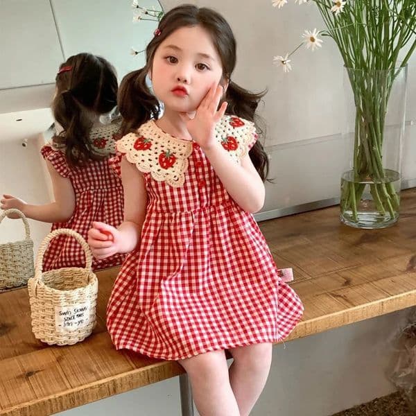 Humor Bear Girl Casual Dress 2026 Fashion Strawberry Crochet Collar Plaid Flying Sleeve Cute Outfits Girls Vestidos 260401
