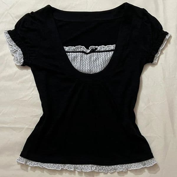 Korean Kawaii Patchwork Women T-shirt Y2K Aesthetic Vintage Milkmaid Top Fairycore Grunge Square Collar Short Sleeve Crop Top 260401BJ