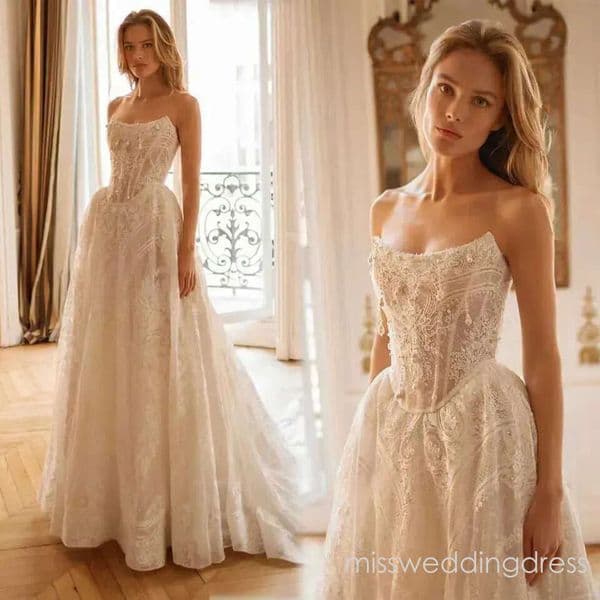 Elegant A e Bridal Dress Lace Pearls Wedding Strapless Sleeveless Backless Gown Sweep Train Customized Dresses Vestido De Novia ZD10