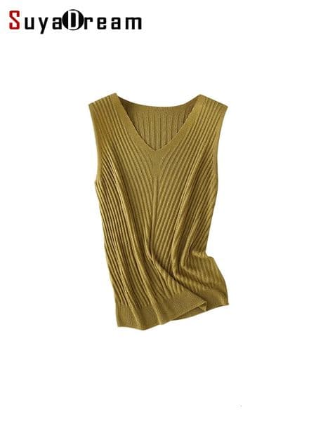 SuyaDream Women Knitted Tanks 45Silk 55Lyocell V neck Sleeveless Chic T Shirt Solid Summer Vests 260331