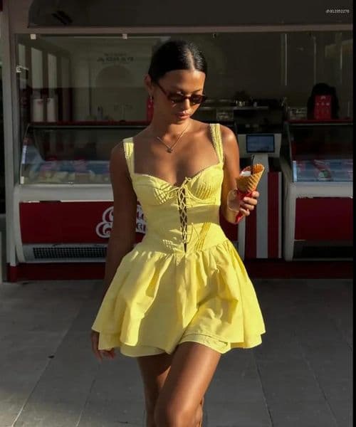 Casual Dresses Women Summer Sweetheart Neck Pintucked Lace-Up Corset Mini Dress In Pastel Stunning Yellow
