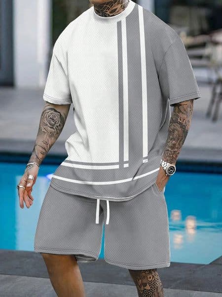 Casual Stripe Printed 3D Tshirt Shorts Set Large Size Loose Mens Short Sleeve Elastic Waist 2piece Sports Clothes 260401BANJIA
