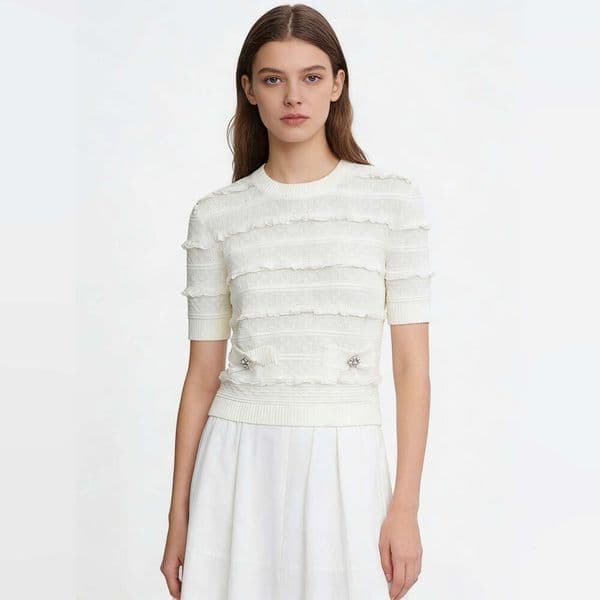 2026 summer new designer women's striped pleated round neck pullover short sleeved slim knit sweater