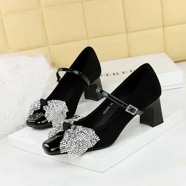 BIGTREE Elegant Mary Jane Single Shoe Rhinestone Buckle Square Toe Thick Heel Sequin Bow Mid Heel Womens Shoes Zapatos De Mujer X260401