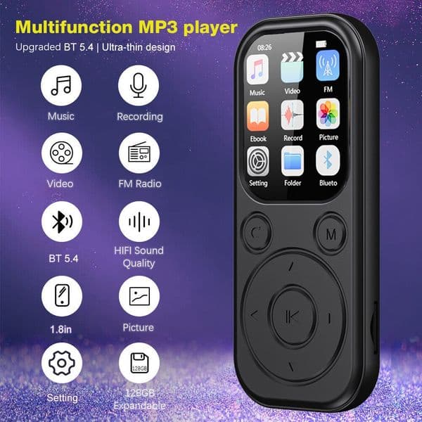 2026 New 1.8 inch Slim MP3 MP4 Player Bluetooth 5.4 Portable Walkman, Compatible eBook Recording FM Radio Music Player