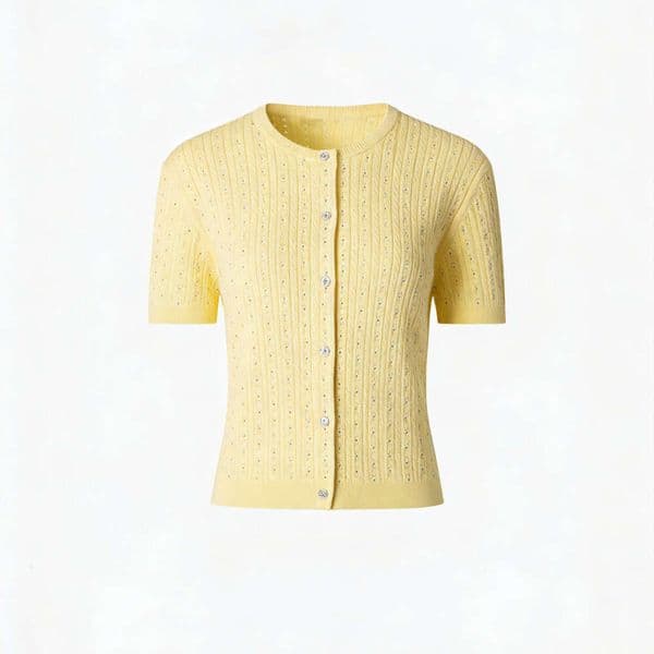 2026 summer new women's F8 clothing retro style rhinestone twist knit round neck short sleeved knitted cardigan